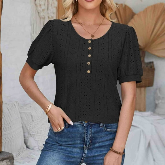 ALLLIST Black Womens Spring Tops Crew Neck Short Sleeve Solid Button T-Shirts Womens Shirts L