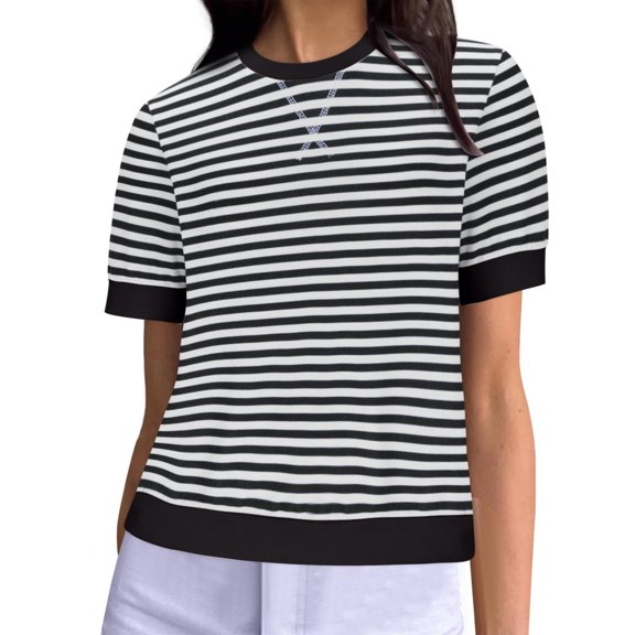 ALLLIST Black Womens Summer Tops Crew Neck Short Sleeve Striped T-Shirts Blouse for Women