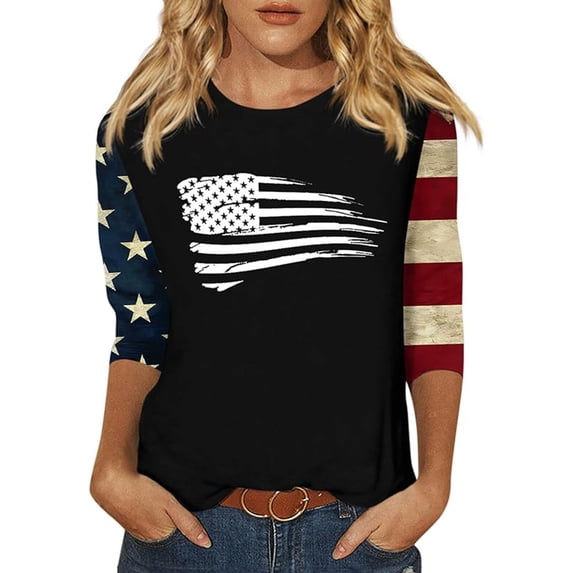 ALLLIST Black Womens Tops Clearance Under $5 3/4 Sleeve Crew Neck Independence Day Printed Pullover T-Shirts Casual Women Blouses Dressy Casual