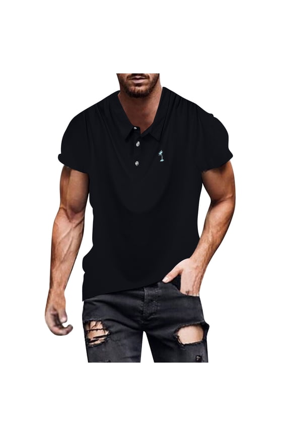 Black Workout Tops Crew Neck Short Sleeve Solid Cotton Button Pullover T-Shirts Fitness Shirts for Men