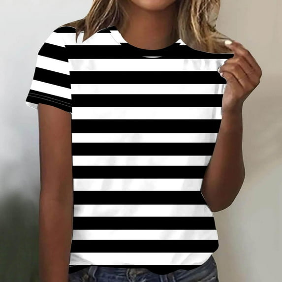 ALLLIST Black Workout Tops Striped Crew Neck Short Sleeve T-Shirts Spring Blouses for Women 2024
