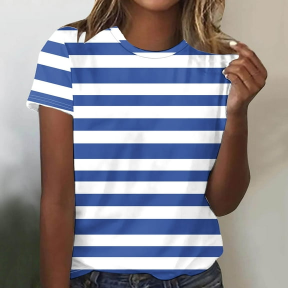 ALLLIST Blue Spring Tops Short Sleeve Striped Crew Neck T-Shirts Blouse for Women