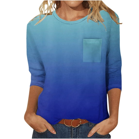 ALLLIST Blue Spring Tops for Women 2024 Crew Neck Pocket Gradient 3/4 Sleeve T-Shirts Ladies Tops and Blouses XL