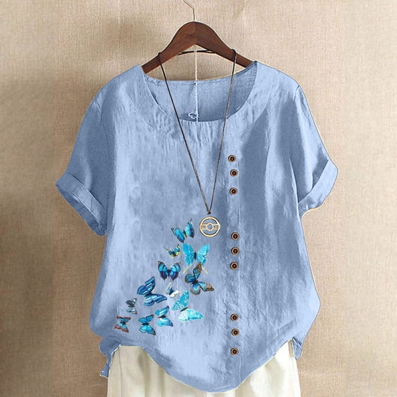 ALLLIST Blue Spring Tops for Women 2024 Trendy Short Sleeve Crew Neck Graphic Cotton and Linen Button T-Shirts Women Blouses XXL