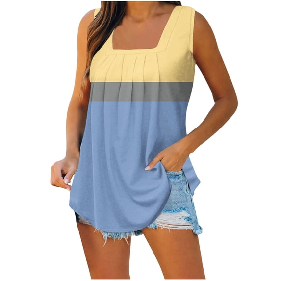 ALLLIST Blue Spring Tops for Women 2024 Trendy Square Neckline Geometric Sleeveless Pleated Tank Tops Women's Tank Tops M