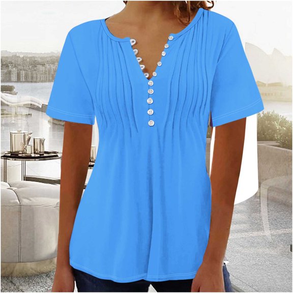 ALLLIST Blue Tops for Women Trendy Short Sleeve V-Neck Solid T-Shirts Button Pleated Casual Spring Blouse