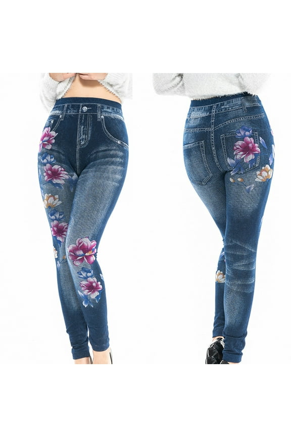 Blue Women's Stretch Jeans with Pockets Denim Pants Skinny Floral Pencil Pants for Women
