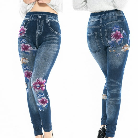 ALLLIST Blue Women's Stretch Jeans with Pockets Denim Pants Skinny Floral Pencil Pants for Women