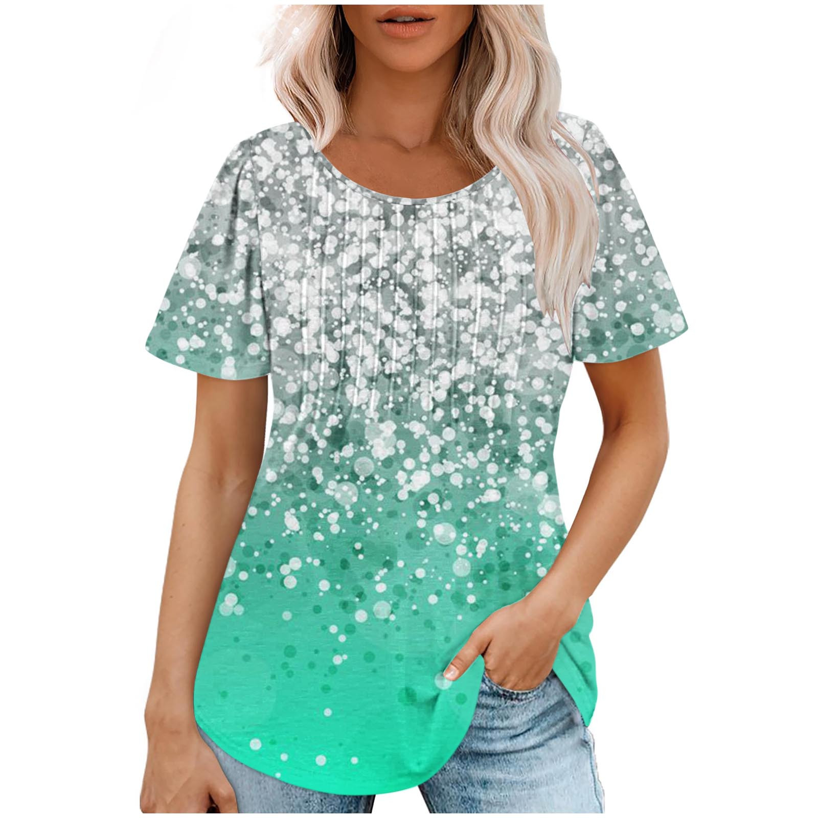 ALLLIST Blue Womens Tops Clearance Under $10 Floral Short Sleeve Crew Neck Pleated Casual Blouses Dressy Tshirt Dress Women