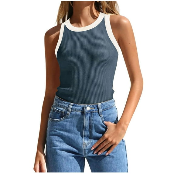 ALLLIST Blue Womens Tops Crew Neck Solid Sleeveless Ribbed Tank Tops Tank Top XXL