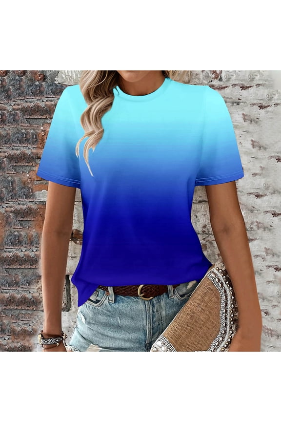 Blue Womens Tops Short Sleeve Crew Neck Gradient T-Shirts Summer Blouses L