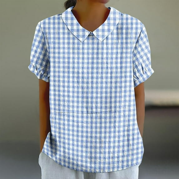 ALLLIST Blue Workout Tops for Women Collared Short Sleeve Plaid Printed Cotton and Linen Blouses Loose Blouses for Women Dressy Casual