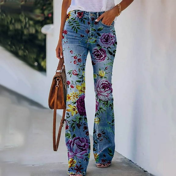 ALLLIST Boot Cut Women's Jeans Lounge Pants Casual Floral Blue Lightweight Denim Pants for Women