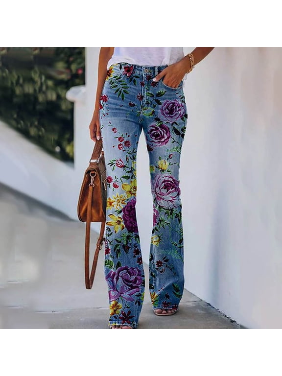 Boot Cut Women's Jeans Lounge Pants Casual Floral Blue Lightweight Denim Pants for Women