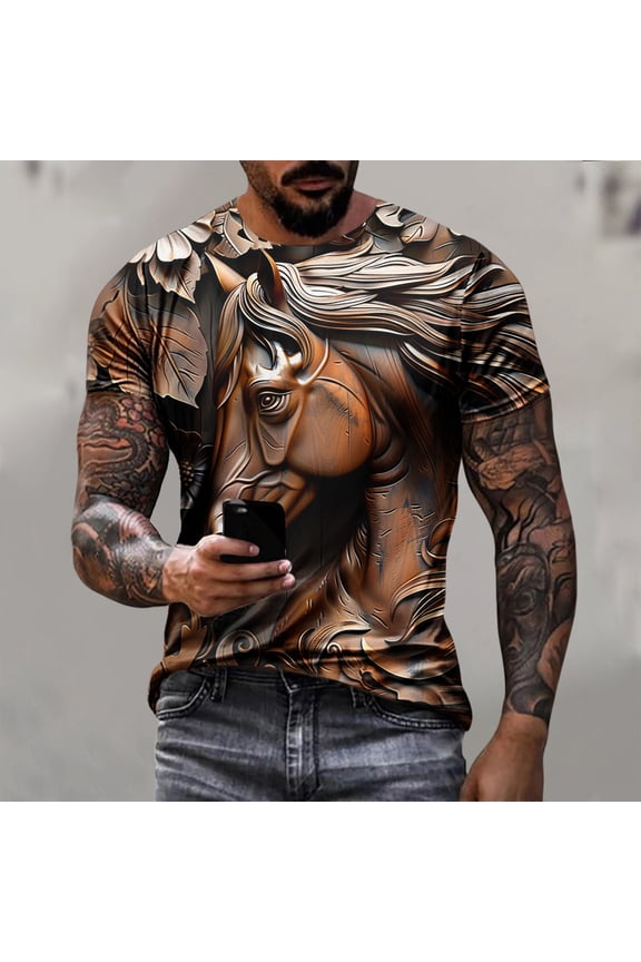 Brown Cute Summer Tops for Men Short Sleeve Crew Neck Horse Loose Graphic T-Shirts Printed Gift Mans Tees