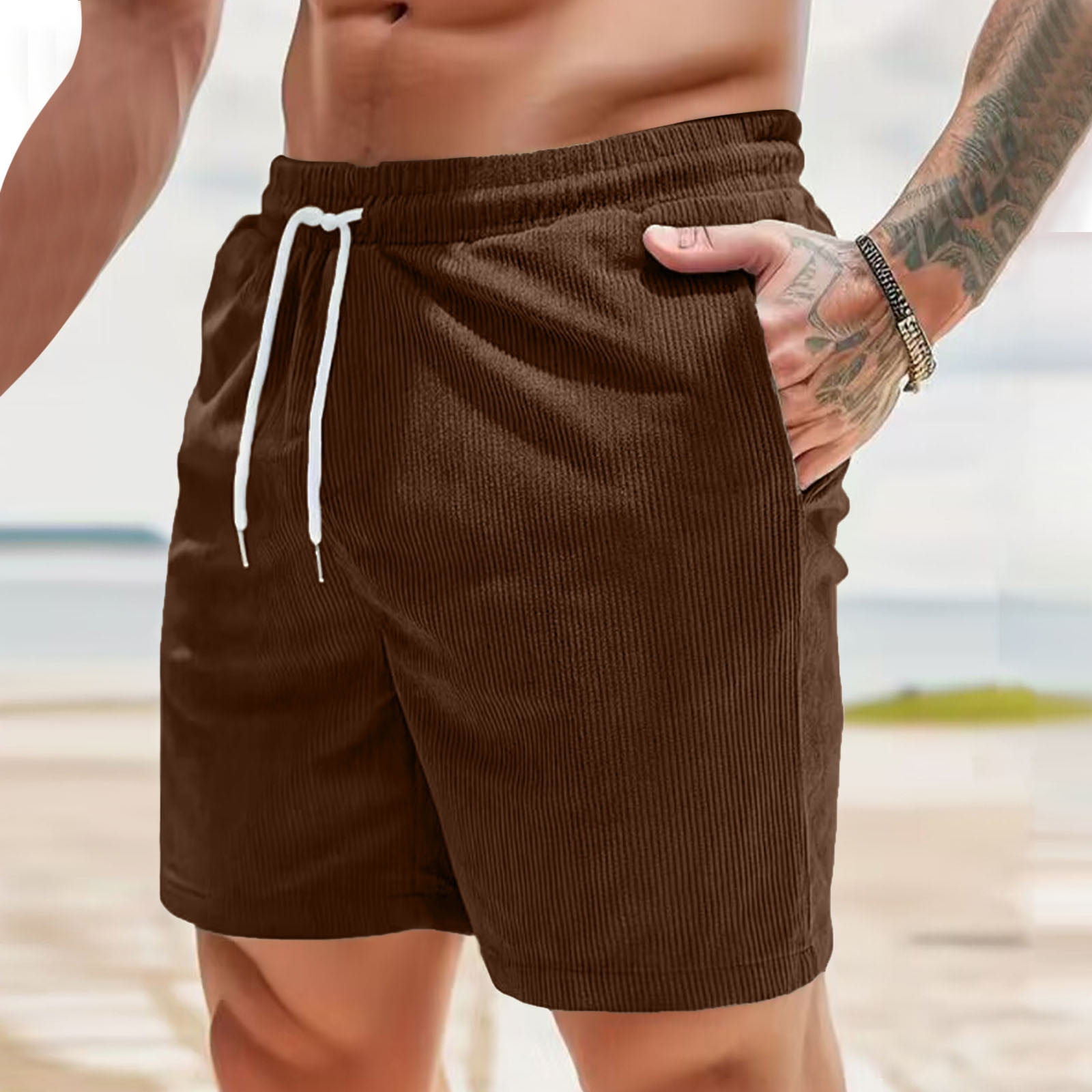 ALLLIST Brown Mens Shorts Solid Mid Short Straight-Leg Drawstring