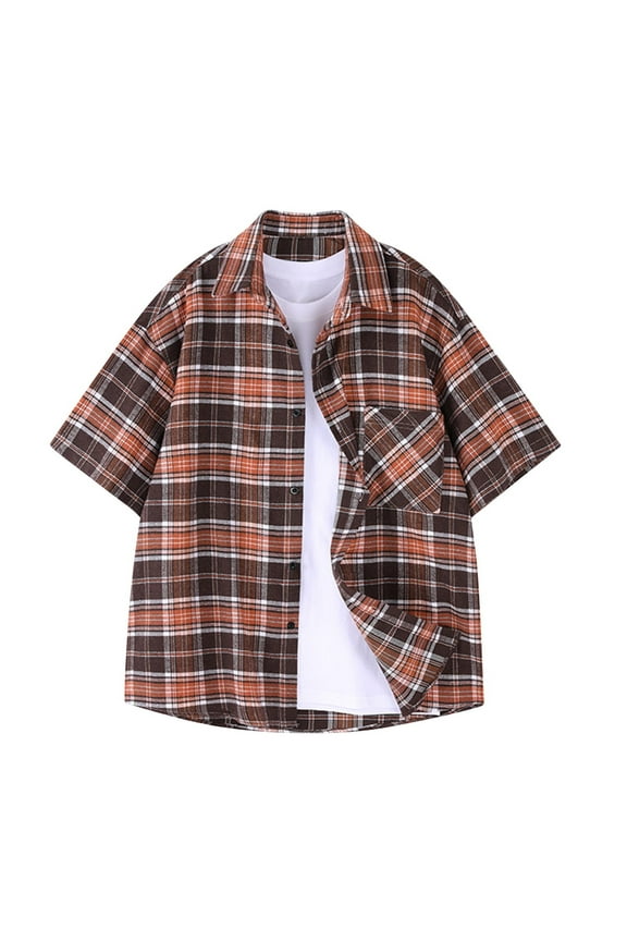 Brown Workout Tops Collared Short Sleeve Plaid Casual T-Shirts Button with Pocket Mans Tees
