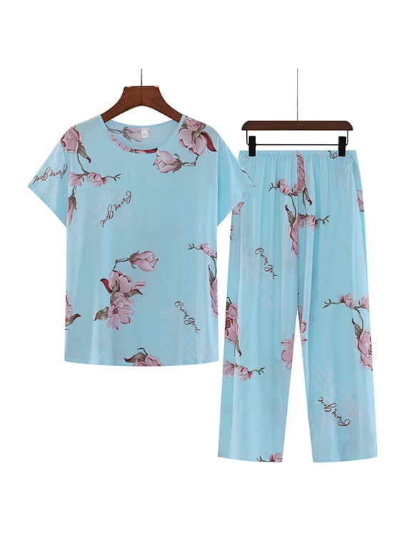 Capri Pajamas for Women Short Sleeve Cotton Linen Pajamas Set Floral Comfy Soft Sleepwear Sets Pajamas Ladies