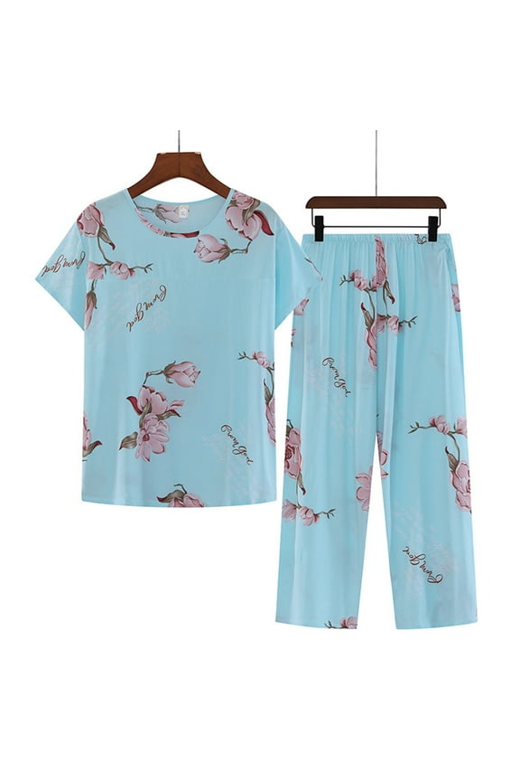 Capri Pajamas for Women Short Sleeve Cotton Linen Pajamas Set Floral Comfy Soft Sleepwear Sets Pajamas Ladies