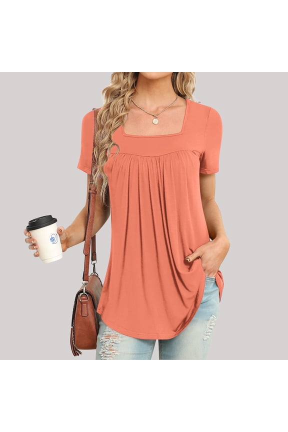 Casual Tops for Women Short Sleeve Orange Square Neckline Pleated Loose Solid Blouses Blouse for Women