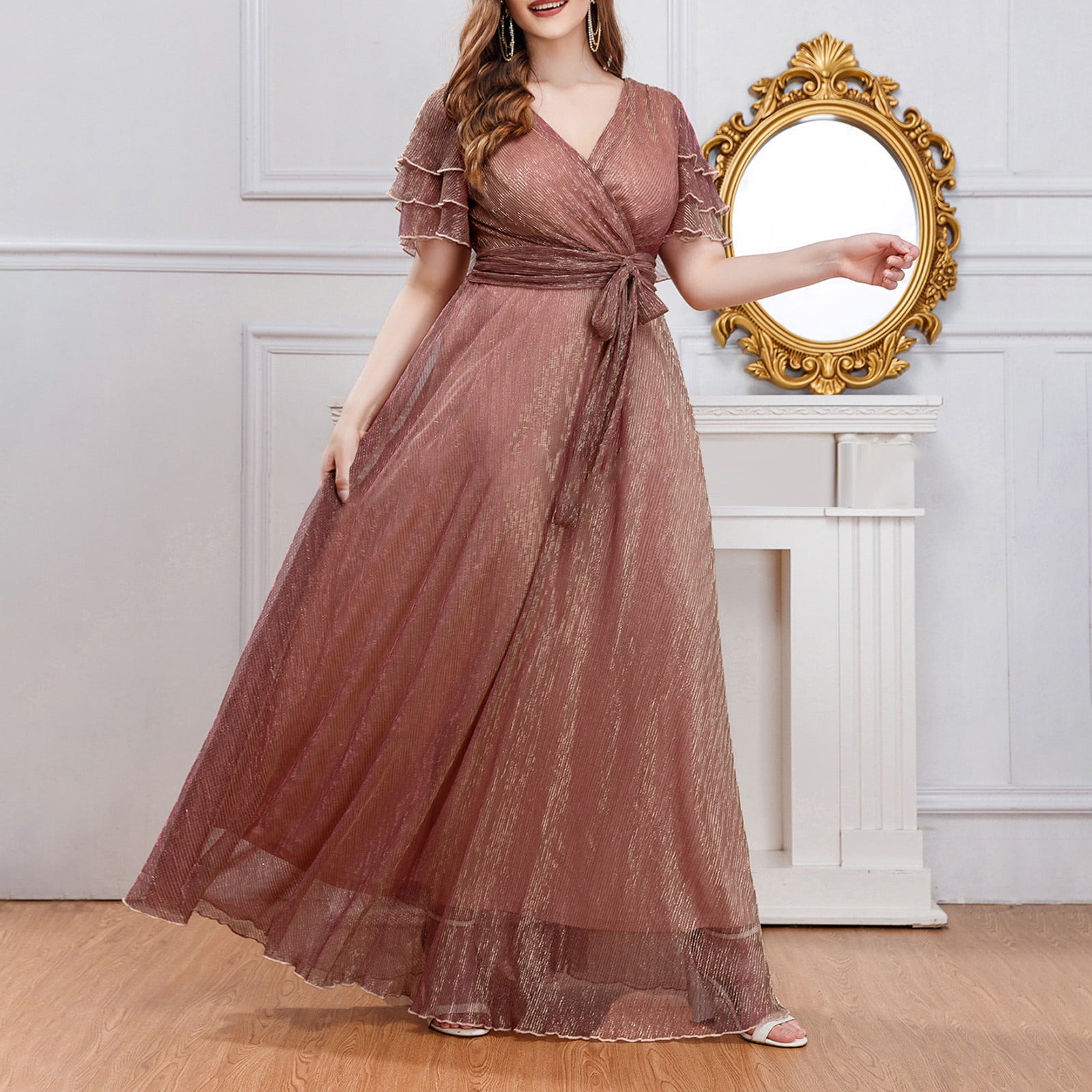 white christmas dresses Zapaka Women Brown Chiffon A-Line Long Sleeve Polka Dots Dress V-Neck Tea Length Party Dress, Brown / US12