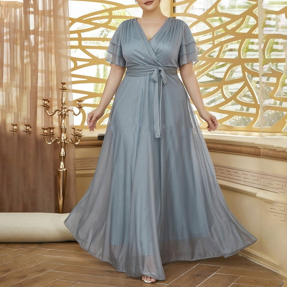ALLLIST Chiffon Womens Dresses formal Plus Size Evening Gown Solid Gray Elegant A-Line for Women