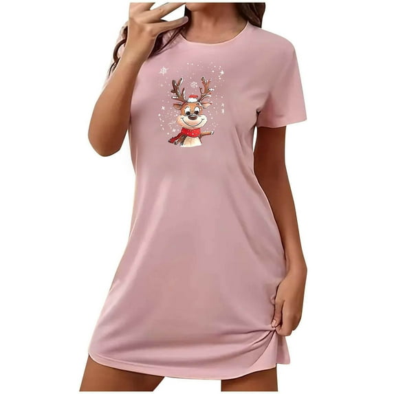 ALLLIST Christmas Women's Nightgowns Short Sleeve Chemises Round Neck Pink Casual Pullover Ladies Pajamas