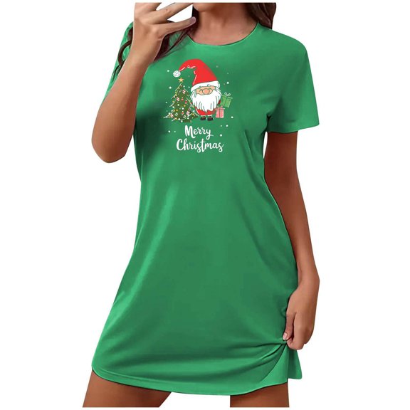 ALLLIST Christmas Women's Nightgowns Short Sleeve Sleepwear Green Casual Round Neck Sleep Dresses Pajamas for Ladies