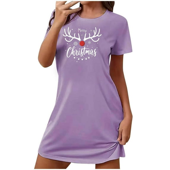 ALLLIST Christmas Womens Nightgowns Short Sleeve Sleepwear Purple Soft Round Neck Sleepshirts Ladies Pajamas