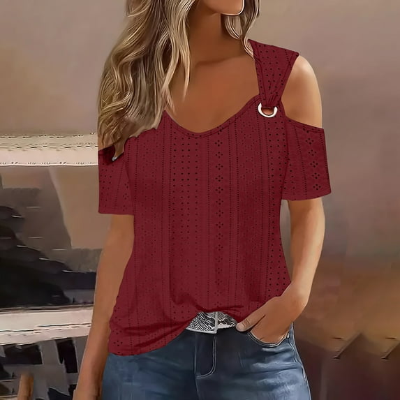 ALLLIST Cold Shoulder Womens Tops Short Sleeve V-Neck Blouses Red Casual Plain Shirts Ladie's Tops