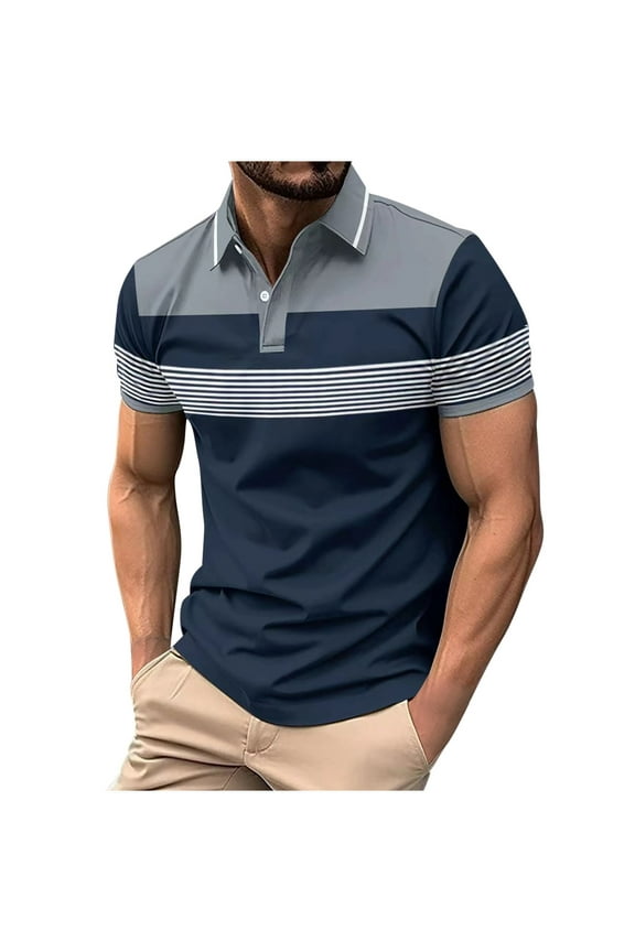 Collared Going Out Tops for Men Gray Short Sleeve Striped Polo Button T-Shirts Casual Mens Dress Shirts
