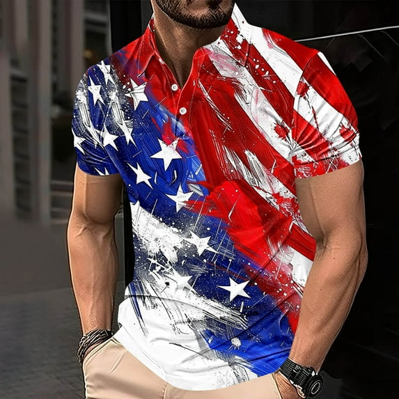 ALLLIST Collared Going Out Tops for Men Short Sleeve Blue Independence Day T-Shirts Casual Button Printed Pullover Mans Tees