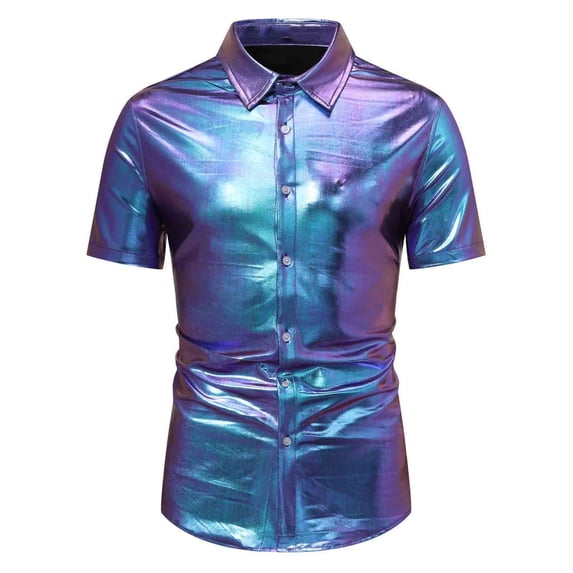 ALLLIST Collared Men Shirts Purple Short Sleeve Button Down Shirts Solid Sequin Men's Clothes