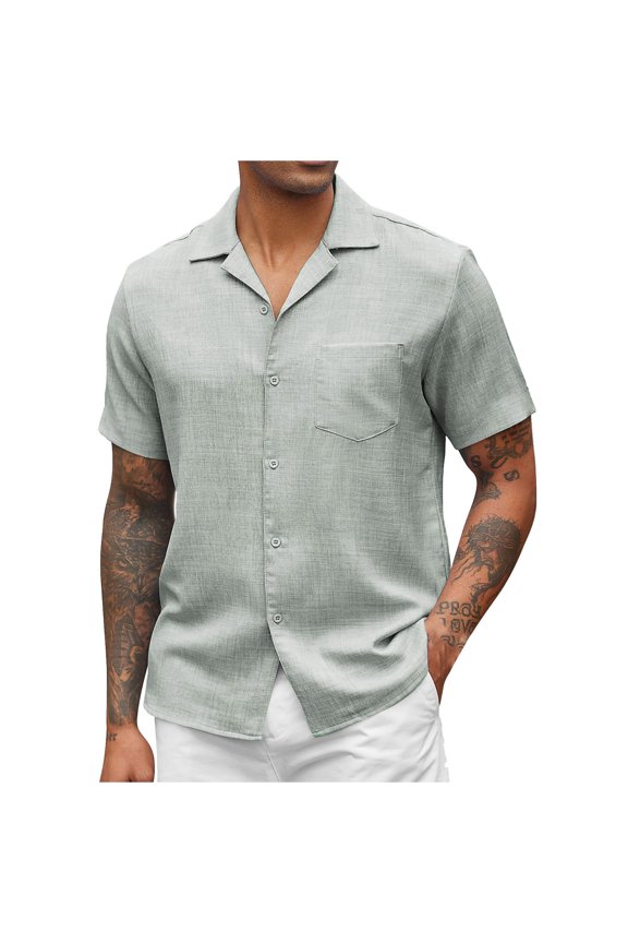 Collared Men Shirts Short Sleeve with Pockets Button Down Shirts Plain Gray Casual Men's Clothes