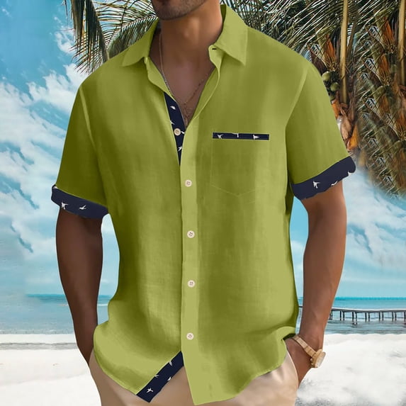 ALLLIST Collared Men Shirts with Pockets Short Sleeve Button Down Shirts Casual Green Color Block Clothes for Men