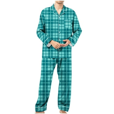 ALLLIST Collared Men's Pajamas Set Big And Tall Sleepwear Long Sleeve Tops & Bottom Blue Plaid Button Down Pajamas Men S-3XL