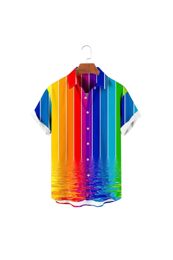 Collared Men's Shirts Short Sleeve Casual Button Down Shirts Rainbow Clothing for Men