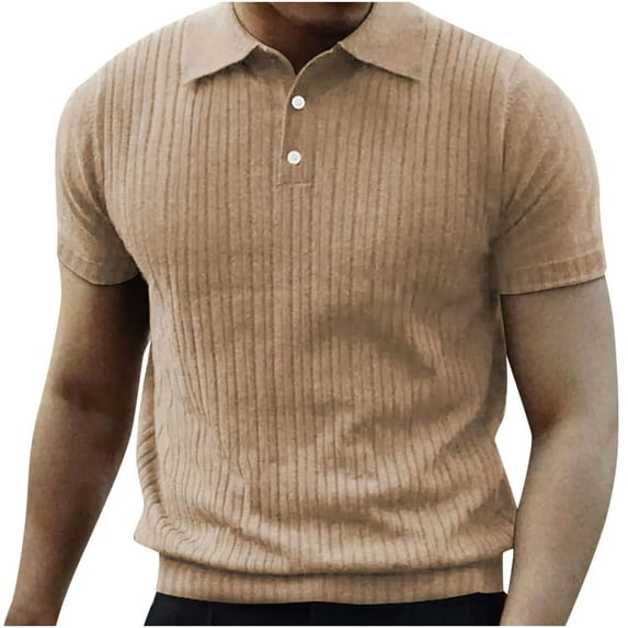 ALLLIST Collared Mens Tops Clearance Short Sleeve Yellow Solid Casual Ribbed T-Shirts Button Mans Tees