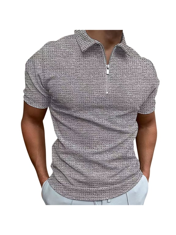 Collared Mens Tops Under $10 Gray Short Sleeve Solid Breathable T-Shirts Casual Quarter Zip Men's T-Shirts