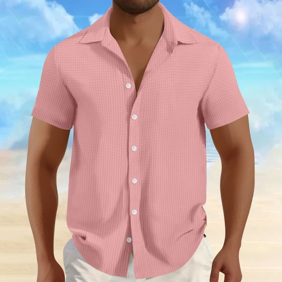 ALLLIST Collared Shirts for Men Short Sleeve Big And Tall Button Down Shirts Waffle Knit Plain Pink Mens Clothes