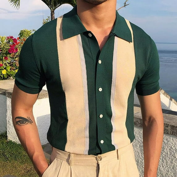 ALLLIST Collared Shirts for Men Short Sleeve Button Down Shirts Color Block Knited Green Mens Clothing