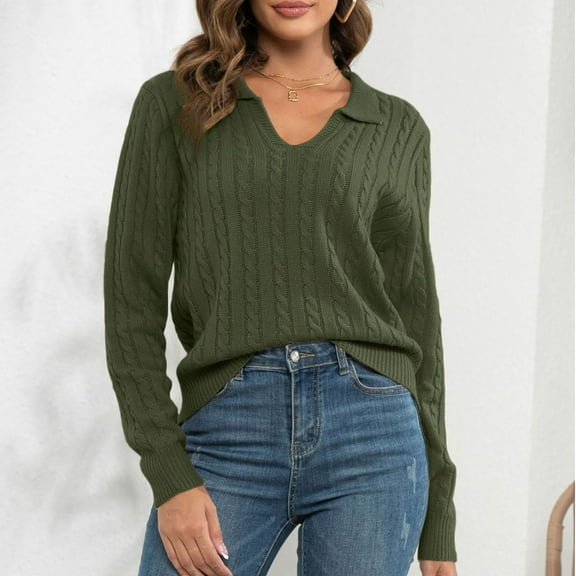 ALLLIST Collared Sweater for Women Cable Knit Pullover Plain Green Long Sleeve Tops Teens