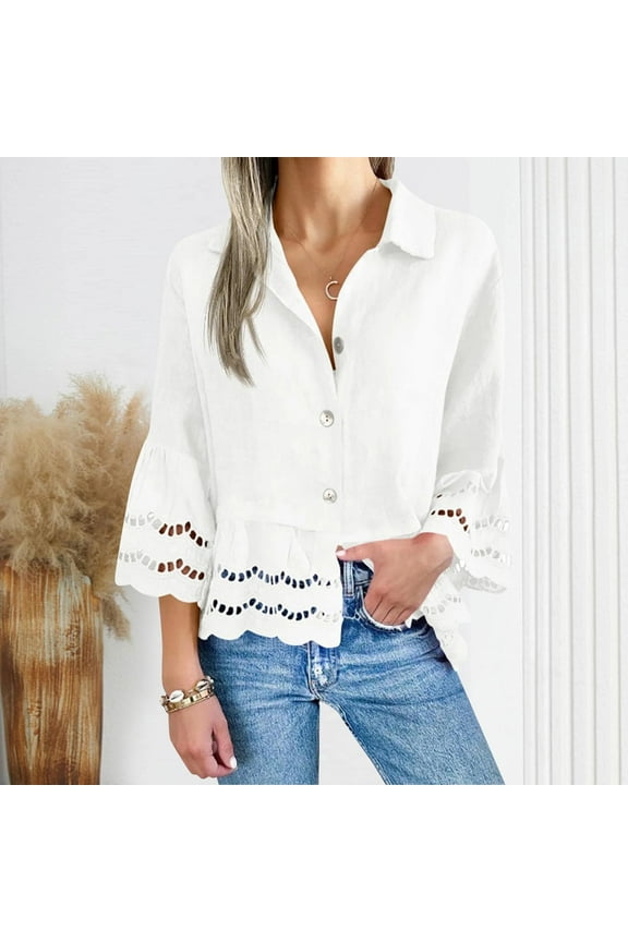 Collared Womens Tops Bell Sleeve Button up Shirts White Plain Casual Hollow Out Blouse for Women
