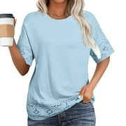 Cotton Linen Tops for Women Elbow-Length Crew Neck T-Shirts Casual Blue Plain Shirts Womens Clothing