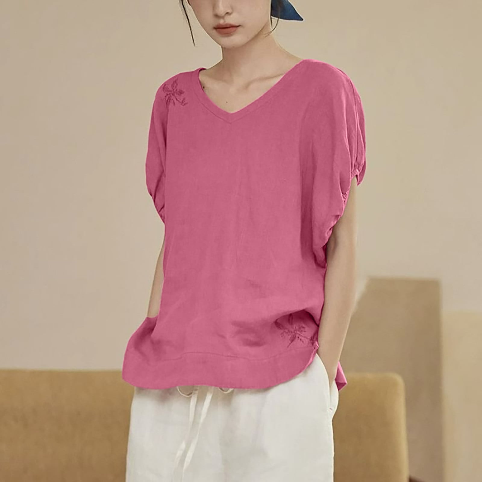 ALLLIST Cotton Linen Tops for Women V Neck Batwing Sleeve Blouse Loose ...