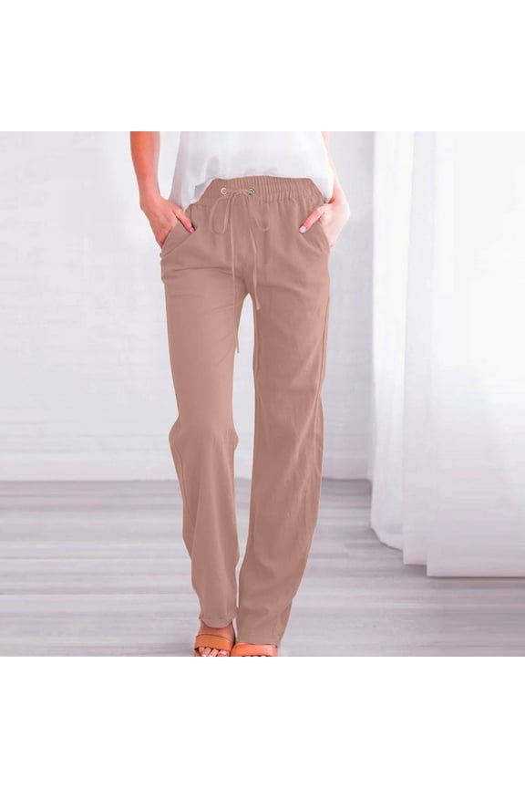 Cotton Linen Women Pants Elastic Waist Lounge Pants Gold Plain Knit Teens Pants