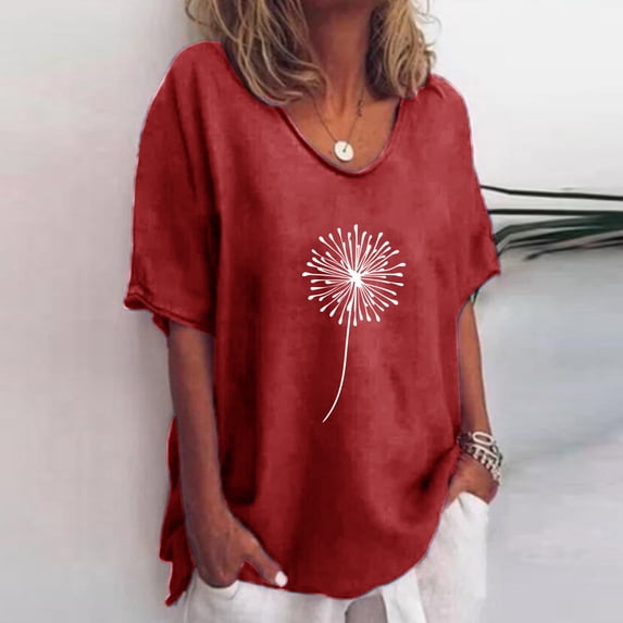 ALLLIST Cotton Linen Women's Tops Crew Neck Short Sleeve T-Shirts Casual Red Floral Shirts Tops for Ladies