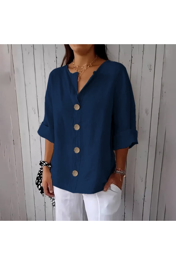 Cotton Linen Womens Tops 3/4 Sleeve V-Neck Blouse Blue Casual Plain Pullover Women's Clothing