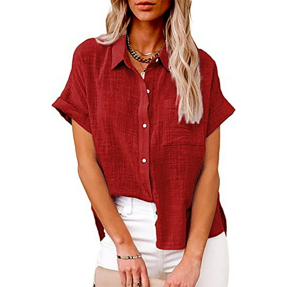ALLLIST Cotton Linen Womens Tops Short Sleeve Plus Size Button up Shirts Red Plain Pocket Casual Blouse Clothing for Ladies