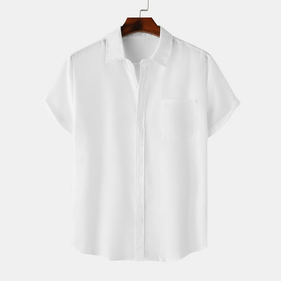 ALLLIST Cotton Men's Shirts Short Sleeve with Pockets Button Down Shirts Casual White Solid Mens Clothes